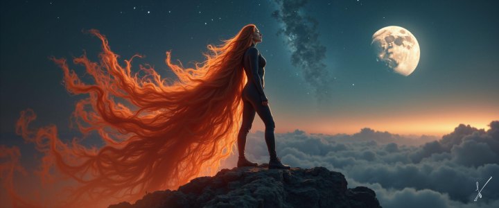 Silhouette of a woman with fiery red hair standing on a cliff above clouds under a starry night sky with a large moon.