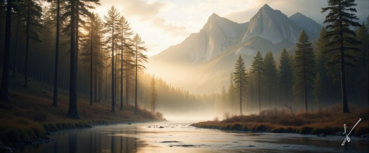 River flowing through misty forest with sunlit mountains in background