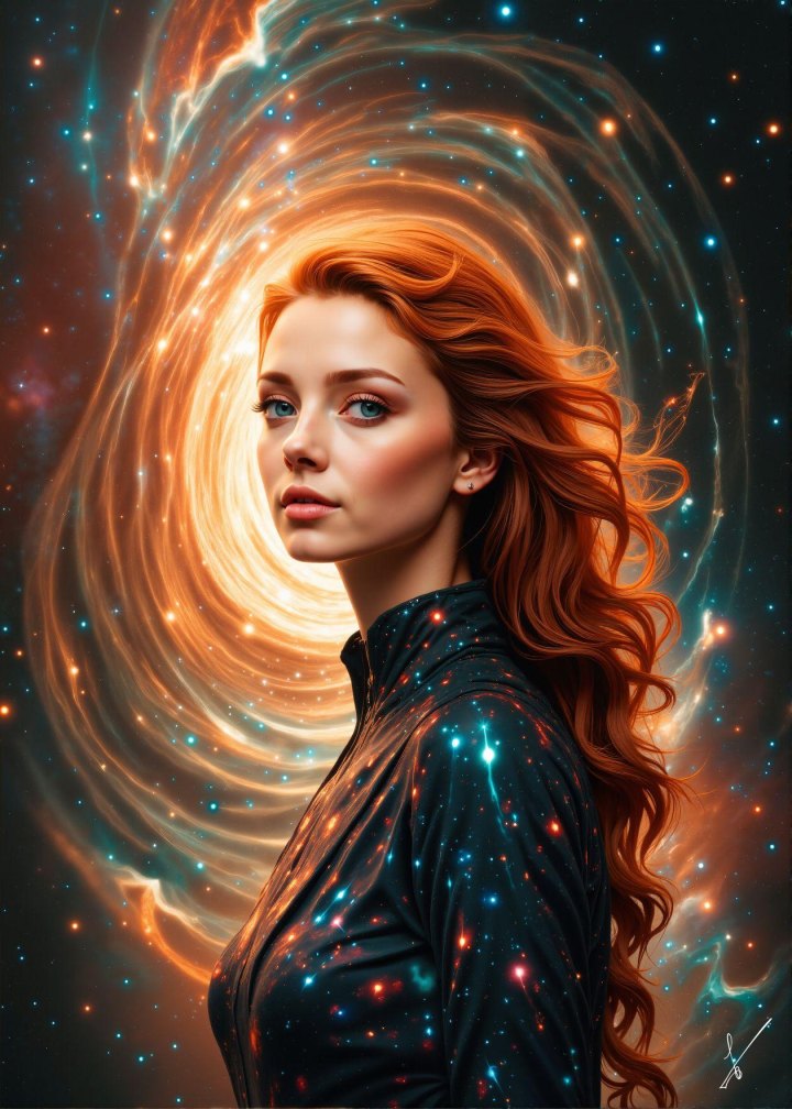 Red-haired woman in space-themed jacket against cosmic nebula