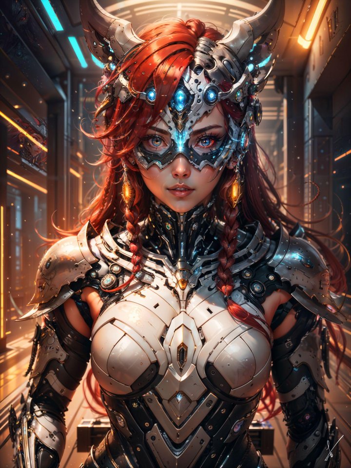 Portrait of a woman in futuristic cybernetic armor with horns and glowing blue eyes inside a sci-fi corridor