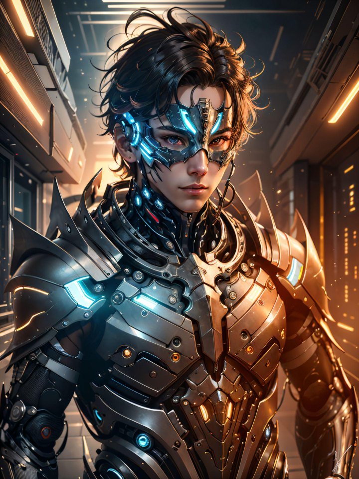 Futuristic armored figure with glowing blue cybernetics in a sci-fi corridor