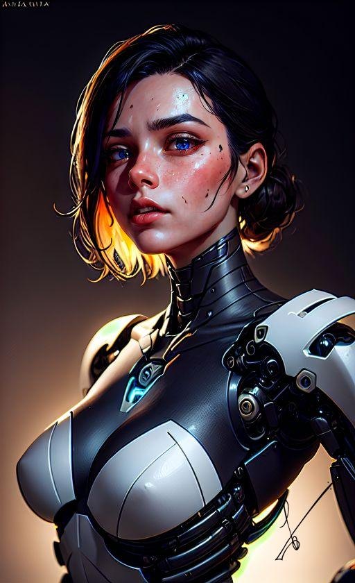Portrait of a female cyborg with glowing blue eyes, freckles, and black-and-white mechanical armor.