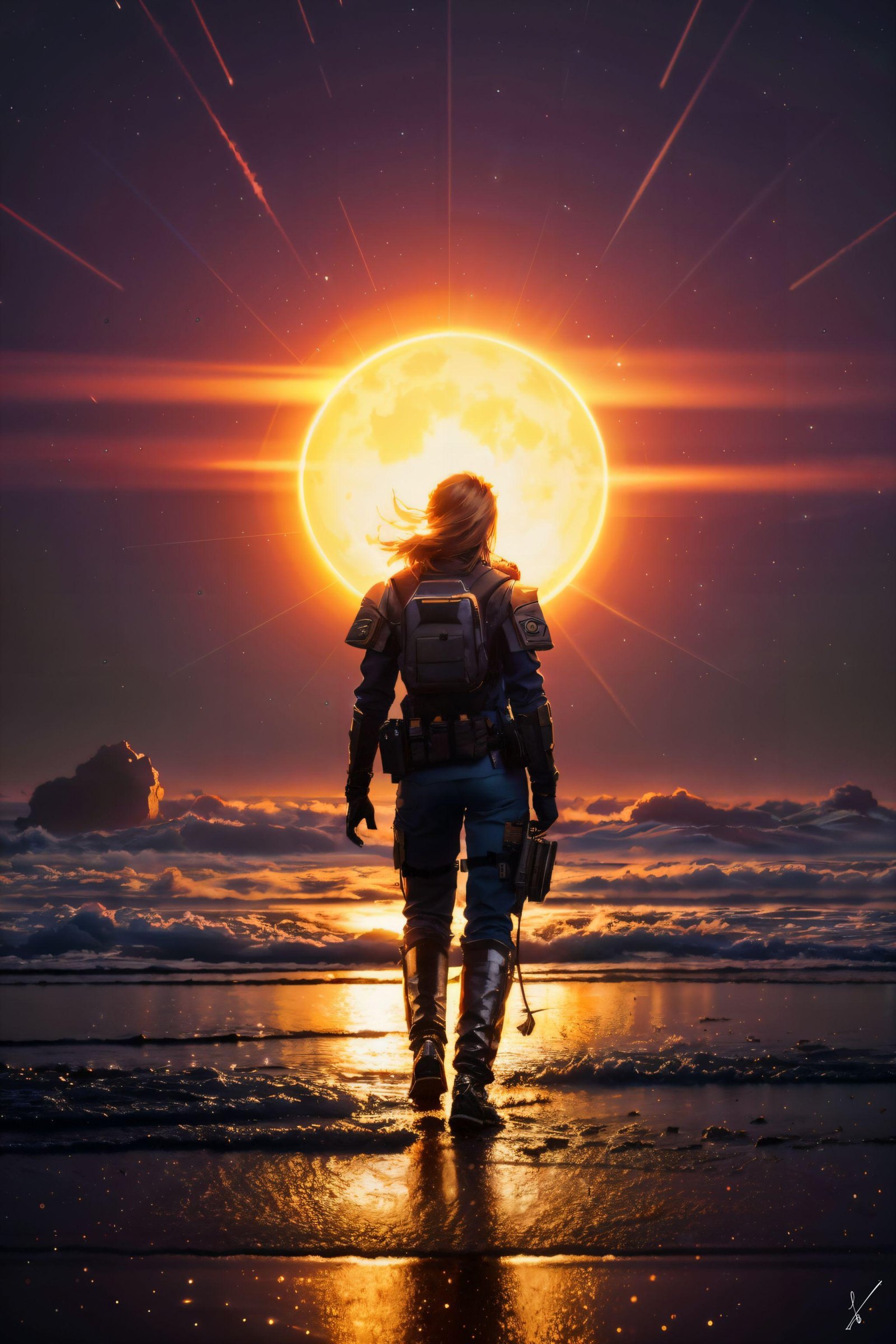 Person in armor walking on beach toward giant sun over clouds