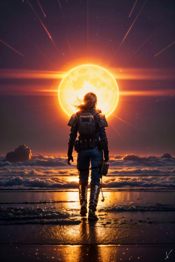 Person in armor walking on beach toward giant sun over clouds