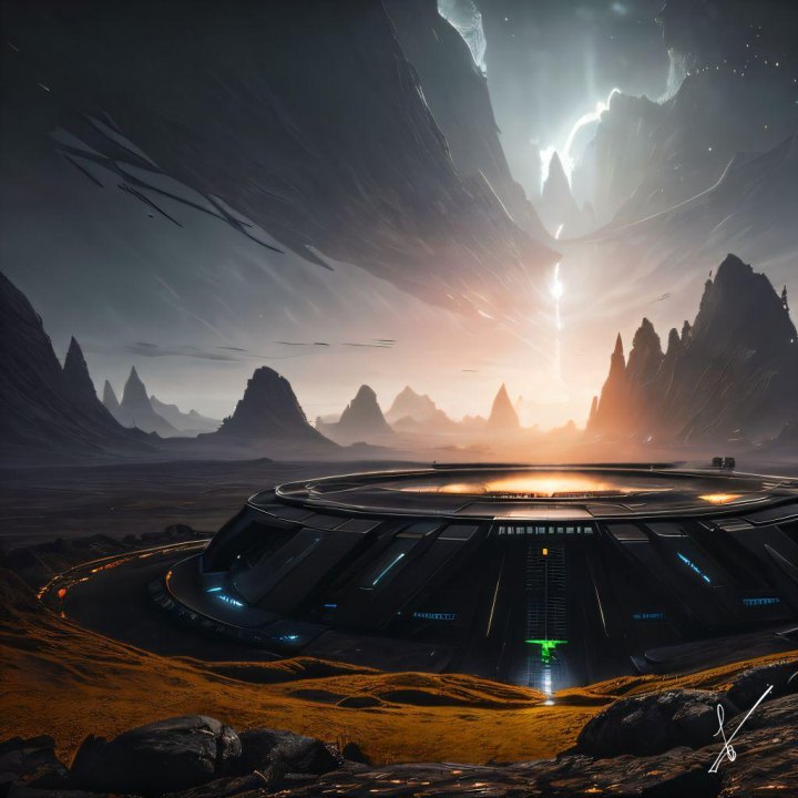 Futuristic circular base in alien landscape with mountains and glowing sky