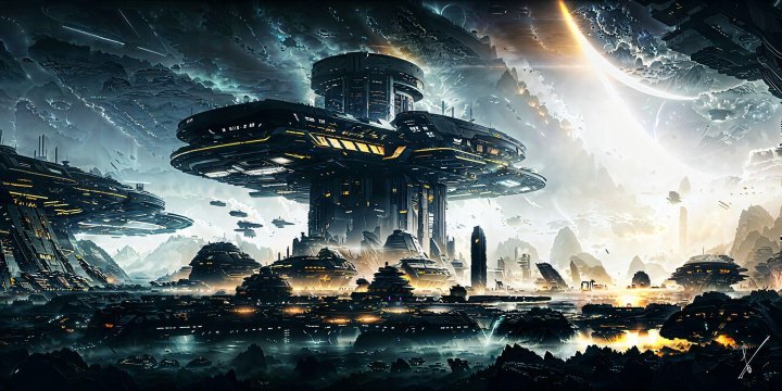 Futuristic cityscape with massive space stations, glowing lights, and a bright celestial body in the sky.