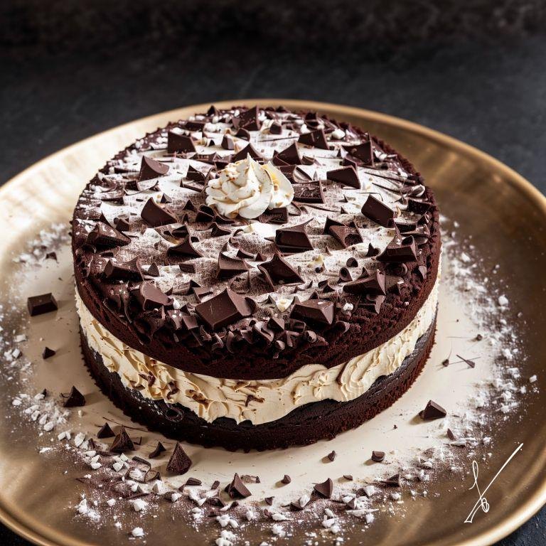 Chocolate layer cake with whipped cream, chocolate shavings, and powdered sugar on a gold plate.