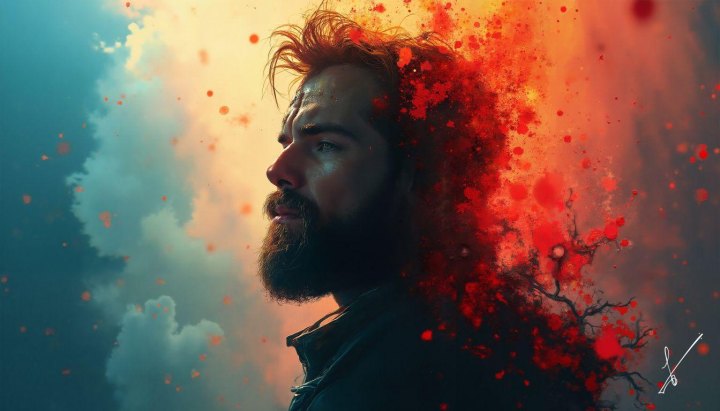 Bearded man's profile, half dissolving into red particles and branches against a cloudy sky.