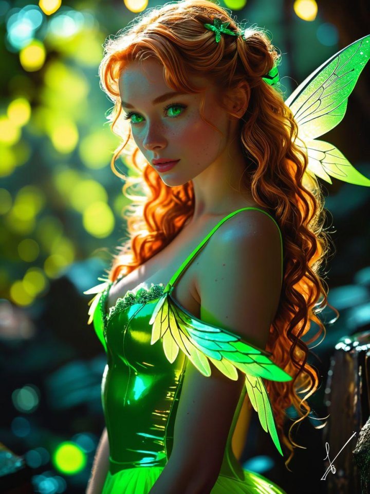 Portrait of a woman with red hair and green wings in a forest setting