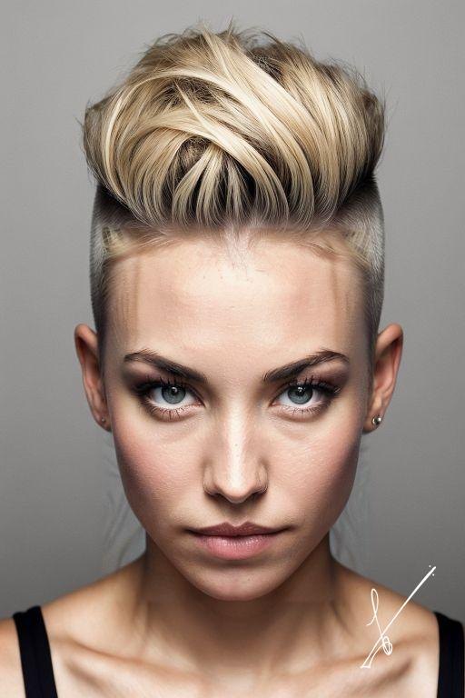 Portrait of a woman with blonde pixie cut and shaved sides, looking at camera.