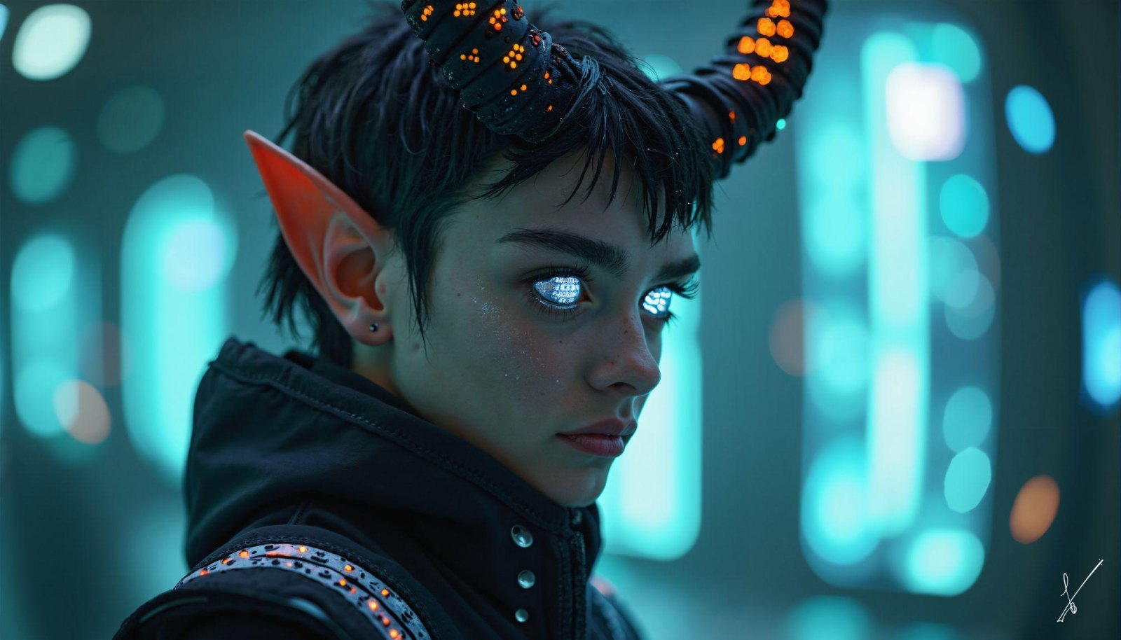 Close-up of elf-like character with glowing eyes and horns in futuristic setting