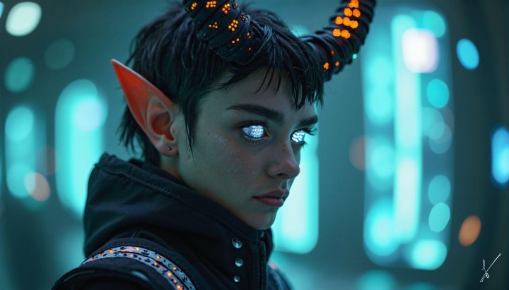 Close-up of elf-like character with glowing eyes and horns in futuristic setting