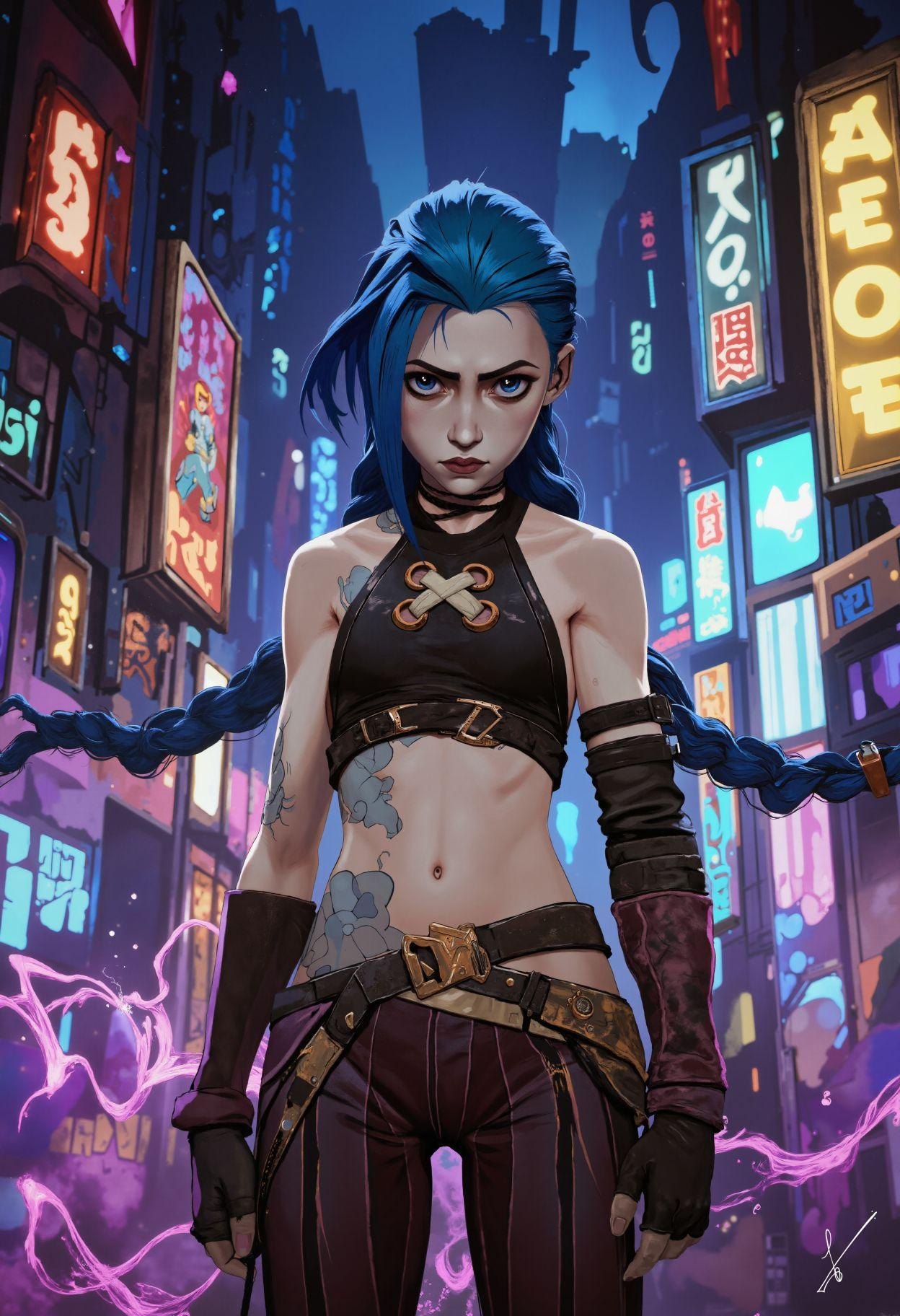 Blue-haired woman with tattoos in a neon-lit cyberpunk city, surrounded by purple energy.