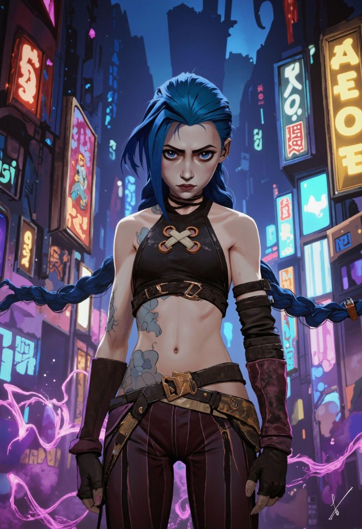 Blue-haired woman with tattoos in a neon-lit cyberpunk city, surrounded by purple energy.