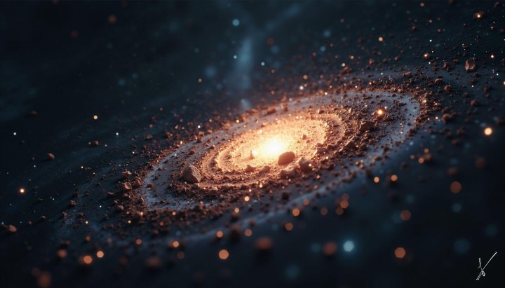 A bright spiral galaxy surrounded by stars and glowing particles in deep space.