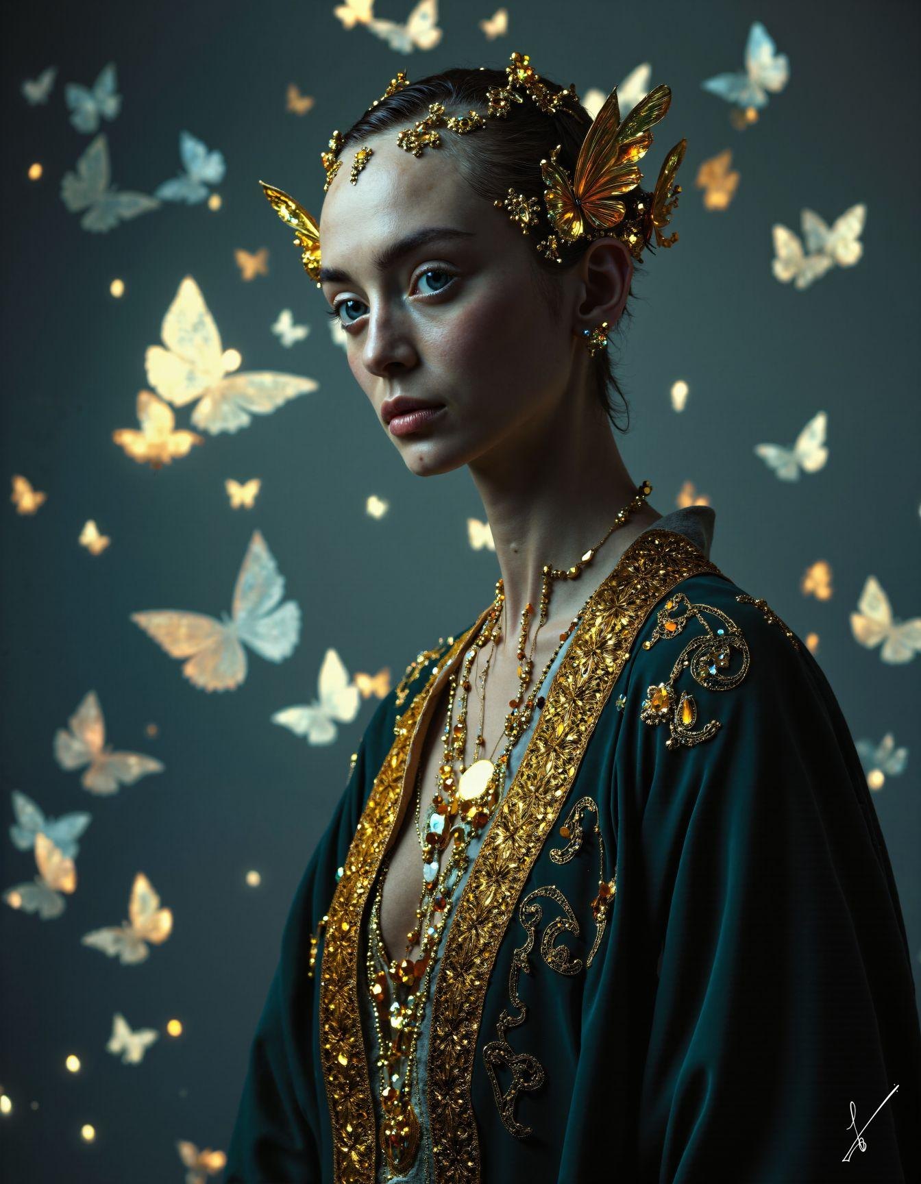 Woman in green robe with golden butterfly headdress, surrounded by floating butterflies