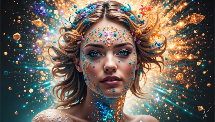 Woman's face covered in glowing blue and gold crystals, surrounded by stars and floating gems.