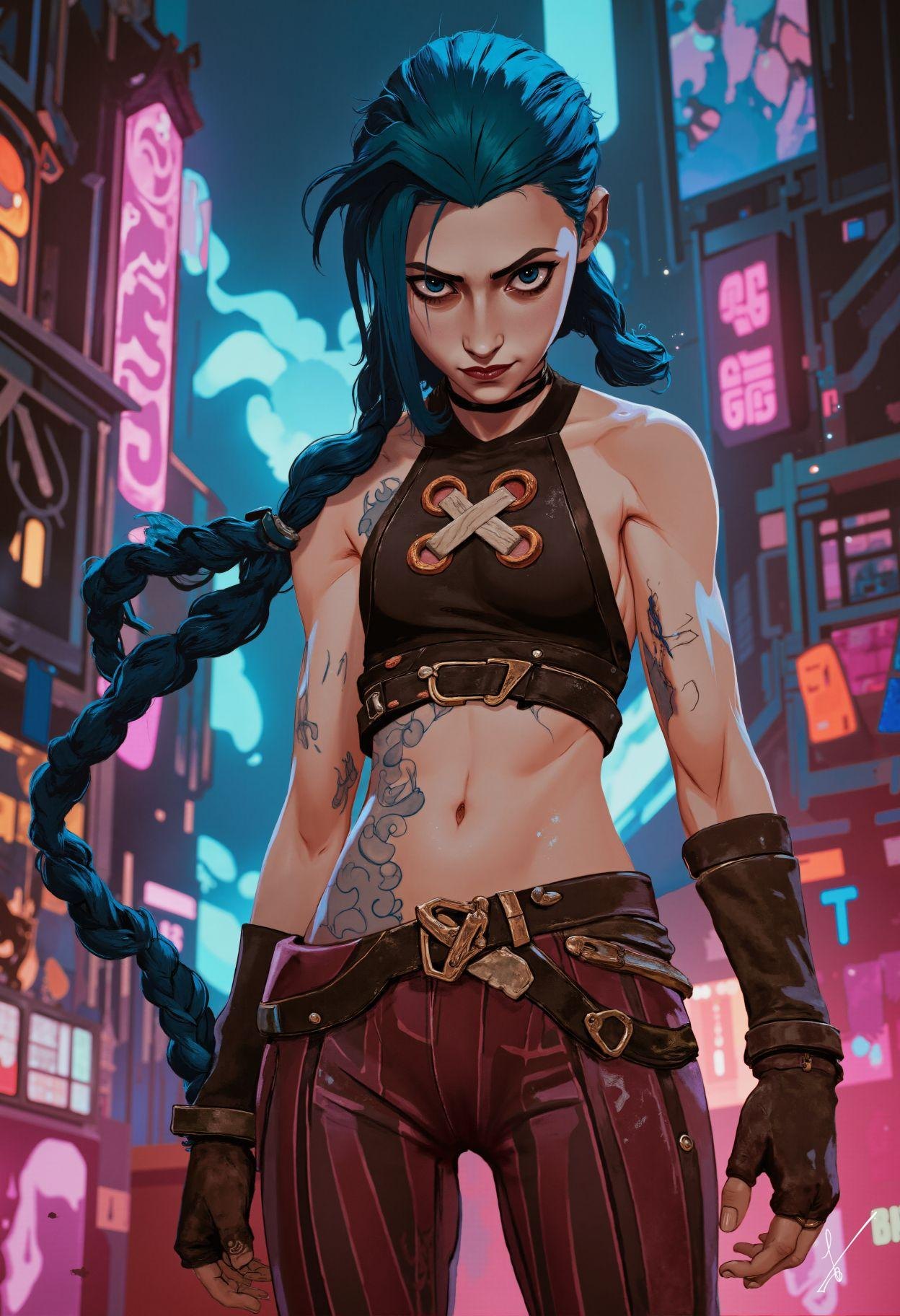 Muscular woman with blue braid in neon cyberpunk city wearing tactical gear and tattoos.