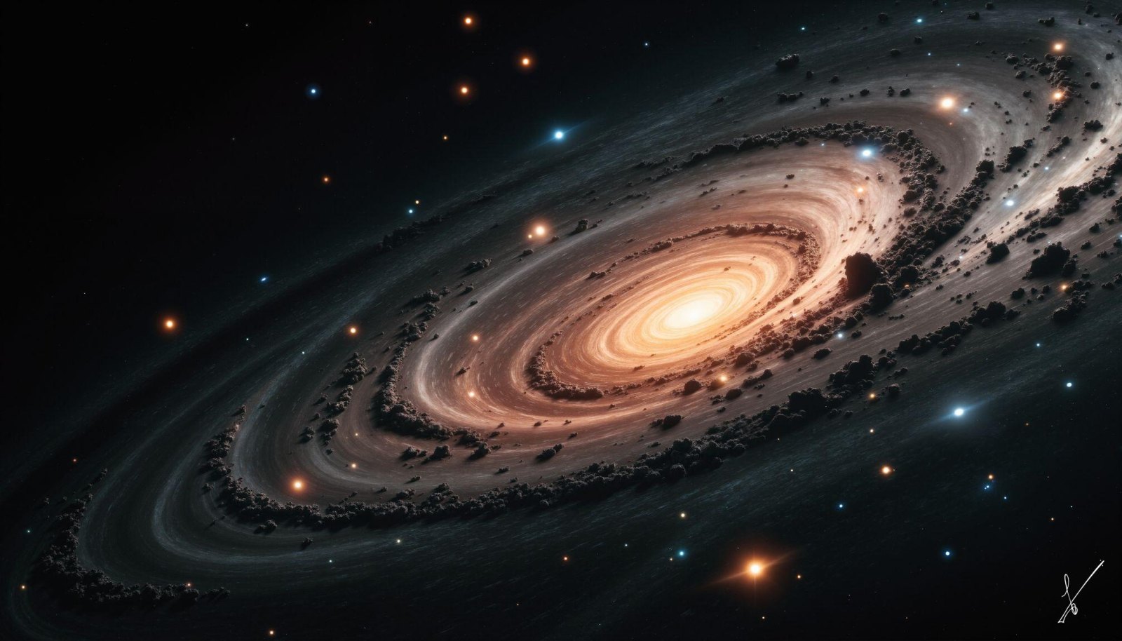 A spiral galaxy with a bright center and dark dust lanes against a star-filled space background.