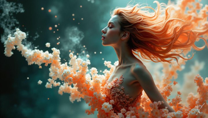 Woman made of coral flowers with orange hair against teal background