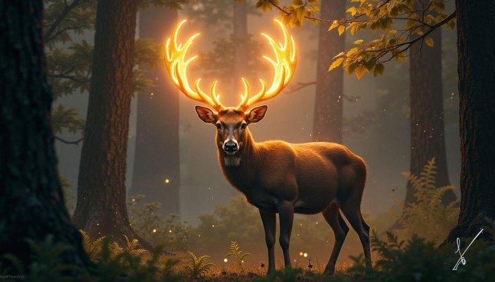 Deer with glowing antlers standing in a misty forest with warm light