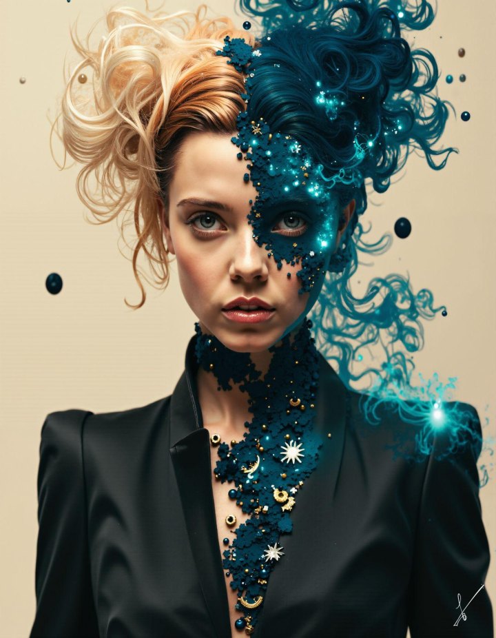Portrait of a woman split between realistic blonde hair and glowing blue cosmic energy with stars and celestial symbols.
