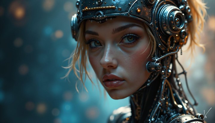 Close-up portrait of a woman wearing elaborate steampunk mechanical headgear.
