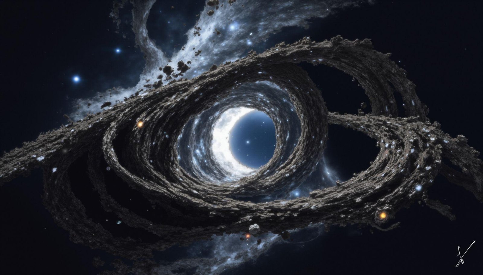Dark cosmic debris swirls around a bright celestial body in deep space with glowing stars.