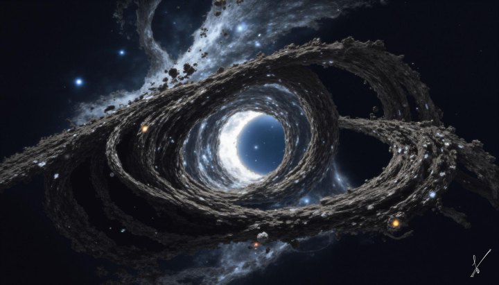 Dark cosmic debris swirls around a bright celestial body in deep space with glowing stars.