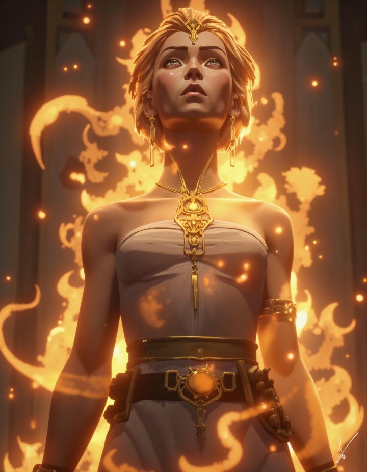 Blonde woman in gold armor surrounded by magical fire, looking up with an intense expression.