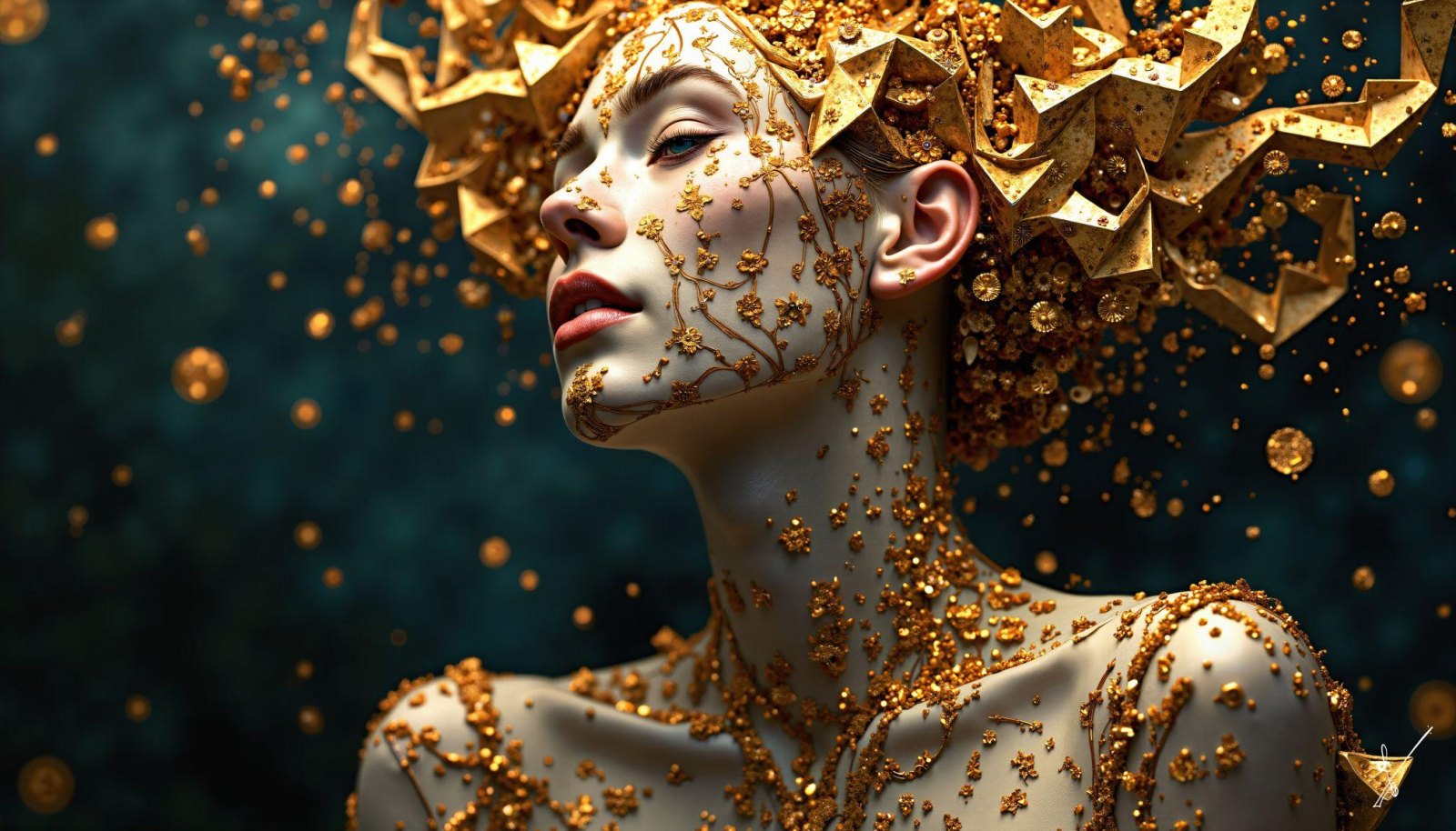 Woman in profile with golden floral makeup and geometric crown, surrounded by floating gold dust.