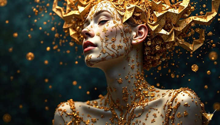 Woman in profile with golden floral makeup and geometric crown, surrounded by floating gold dust.