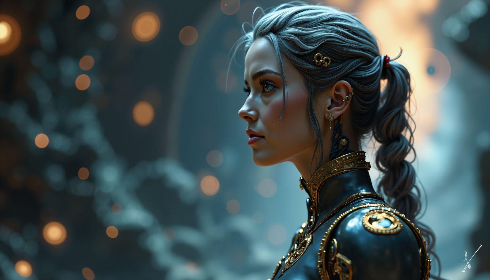 Profile of a woman with blue hair in a ponytail wearing ornate dark armor with gold details against a bokeh background.