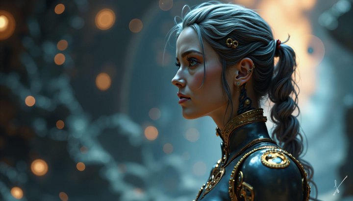 Profile of a woman with blue hair in a ponytail wearing ornate dark armor with gold details against a bokeh background.