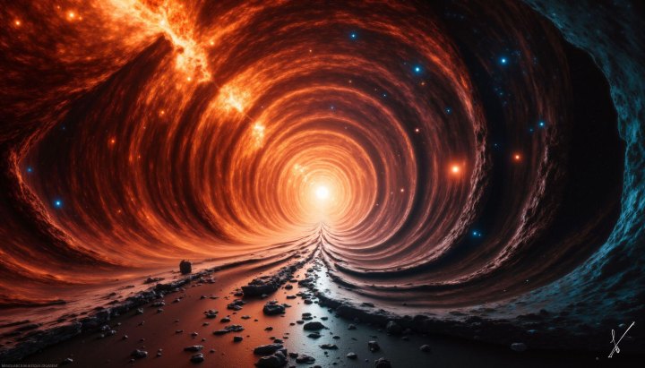 A cosmic tunnel with a rocky path leading to a bright light, surrounded by swirling fire and stars.