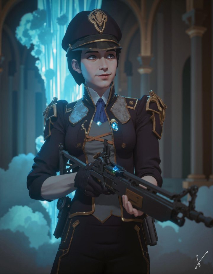 Female officer in dark uniform holds futuristic rifle in ornate hall with blue light