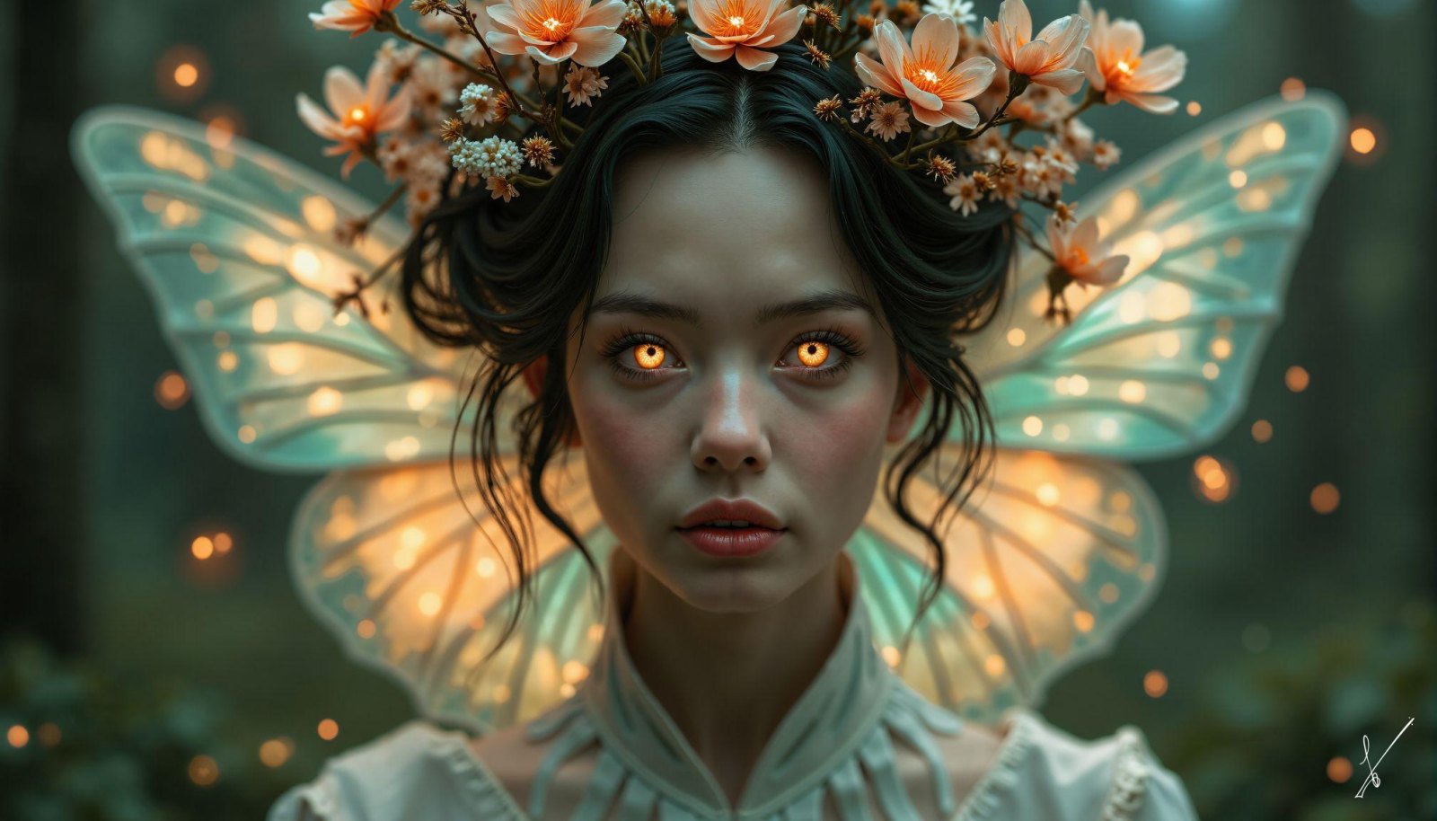 Portrait of a fairy-like woman with glowing eyes, butterfly wings, and a floral crown in a forest.