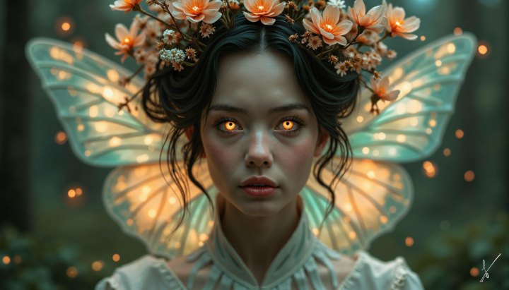 Portrait of a fairy-like woman with glowing eyes, butterfly wings, and a floral crown in a forest.