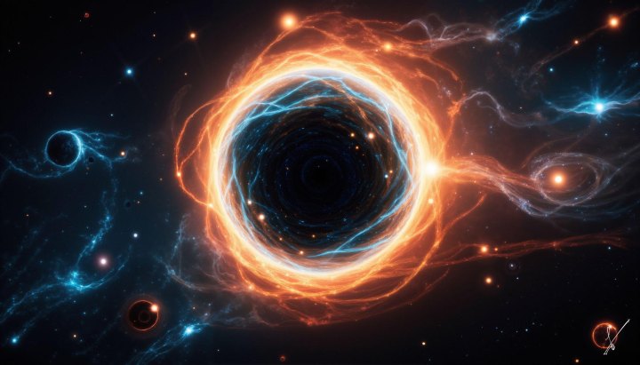 A swirling orange and blue energy vortex in deep space surrounded by stars and nebulae.