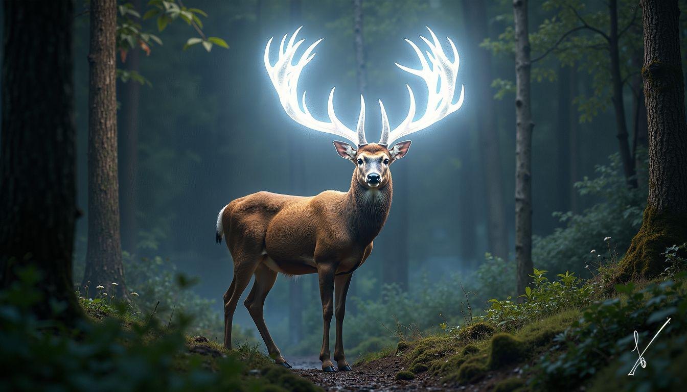 Deer with glowing antlers standing on a forest path surrounded by misty trees