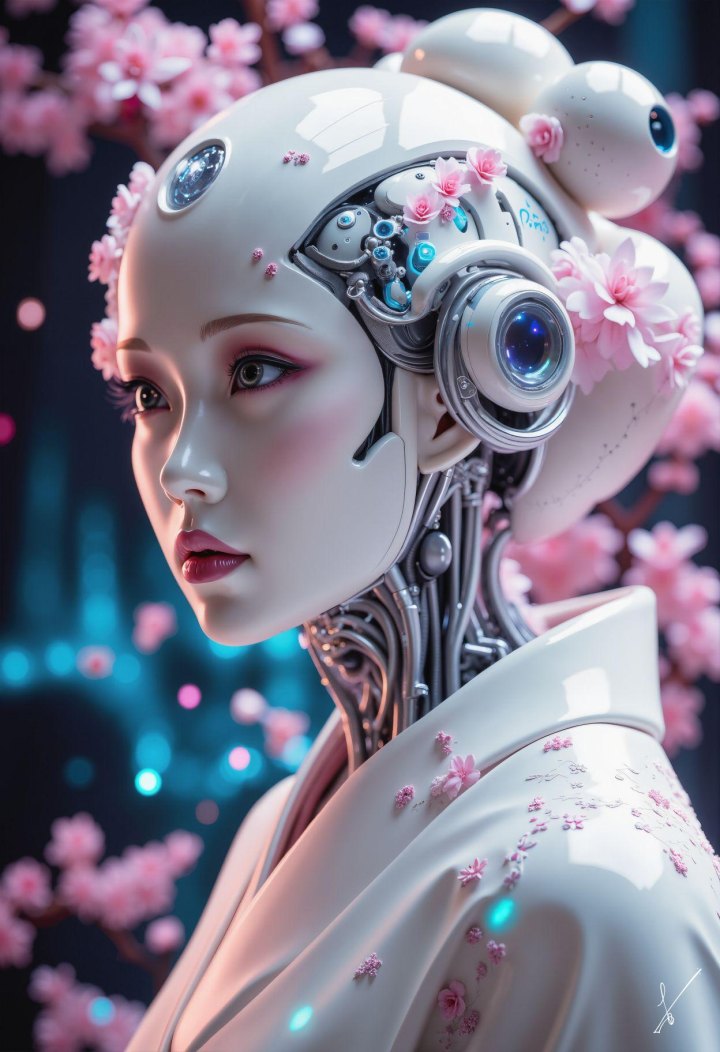 Portrait of a female robot with cherry blossom flowers in her hair and on her clothes.
