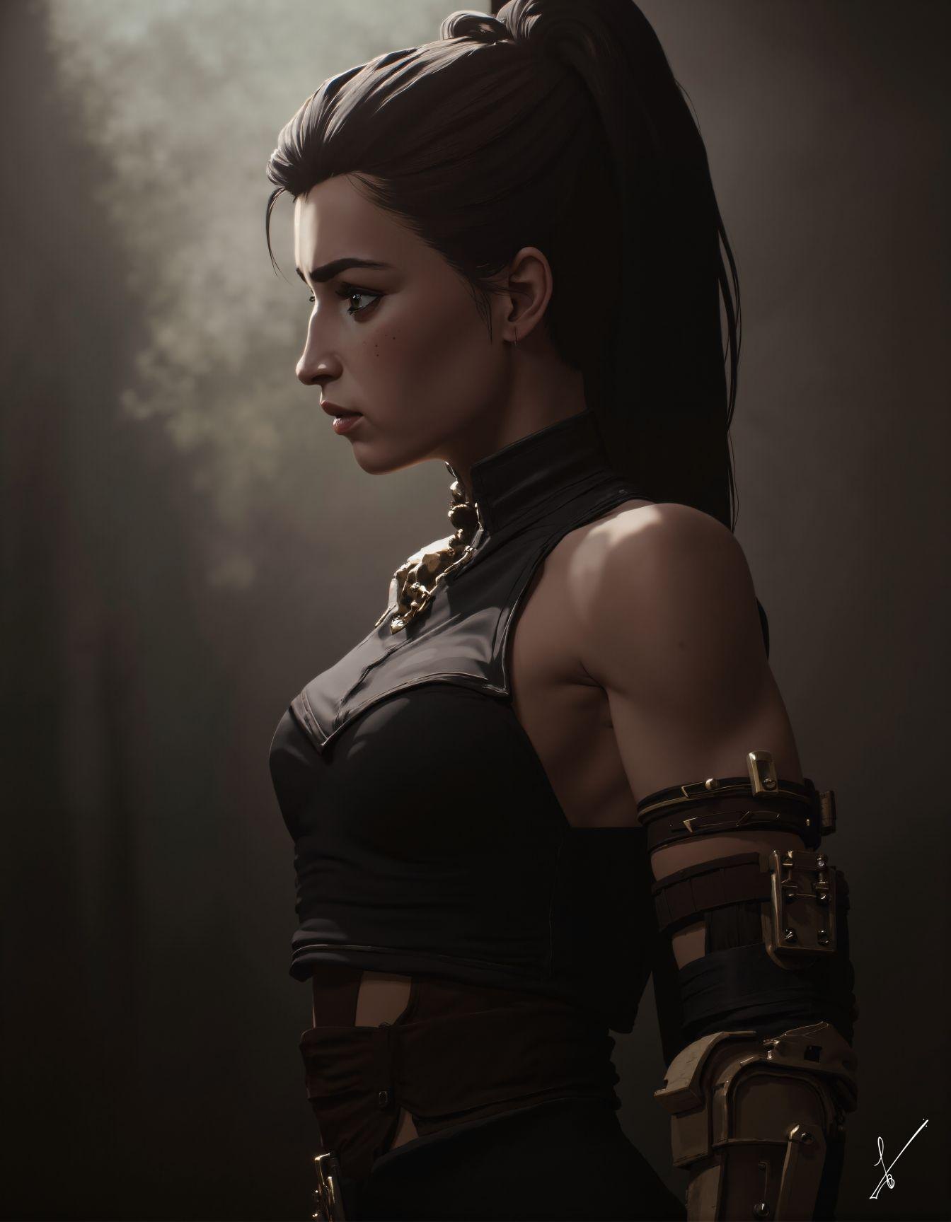 Side profile of a woman in cyberpunk-style armor with dramatic lighting.