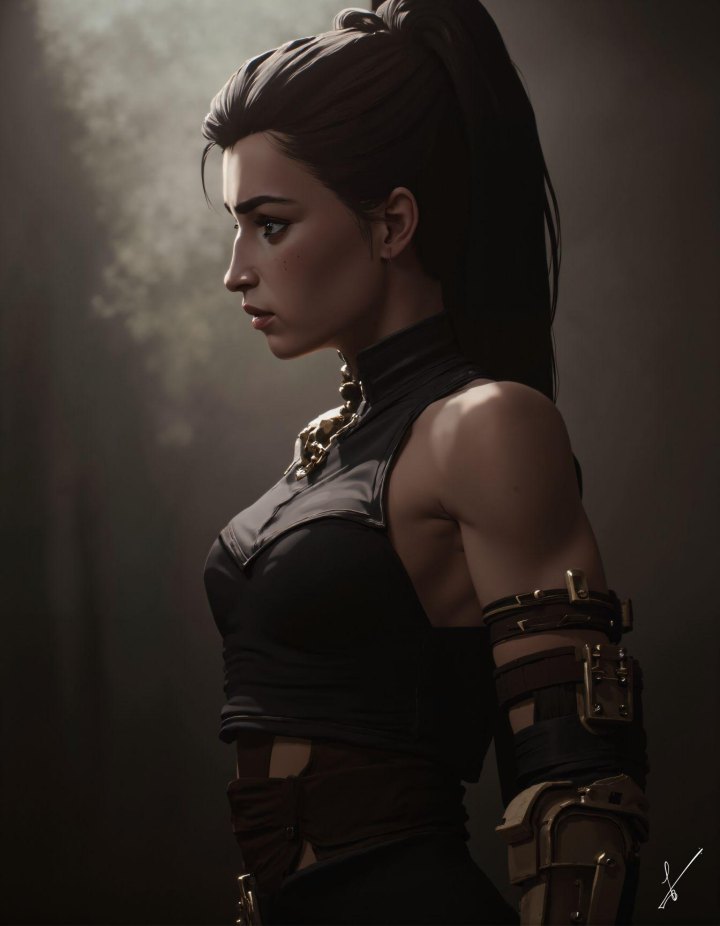 Side profile of a woman in cyberpunk-style armor with dramatic lighting.