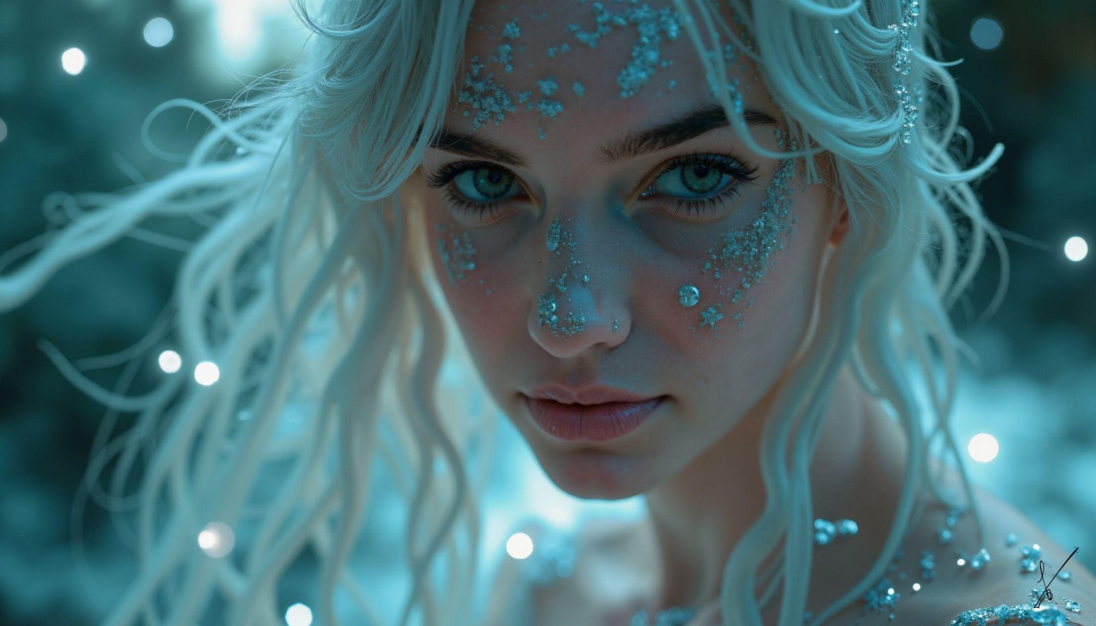 Close-up portrait of a woman with white hair and ice crystals on her face in a bokeh-lit setting.