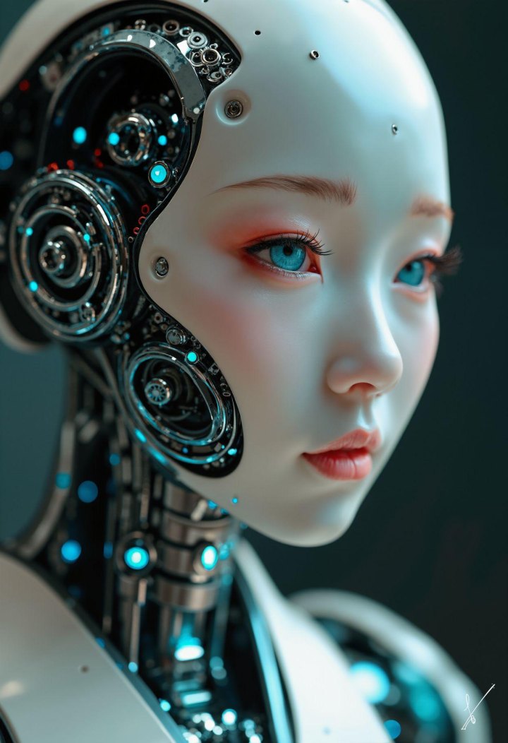 Close-up portrait of a female robot with glowing blue eyes and visible mechanical parts.