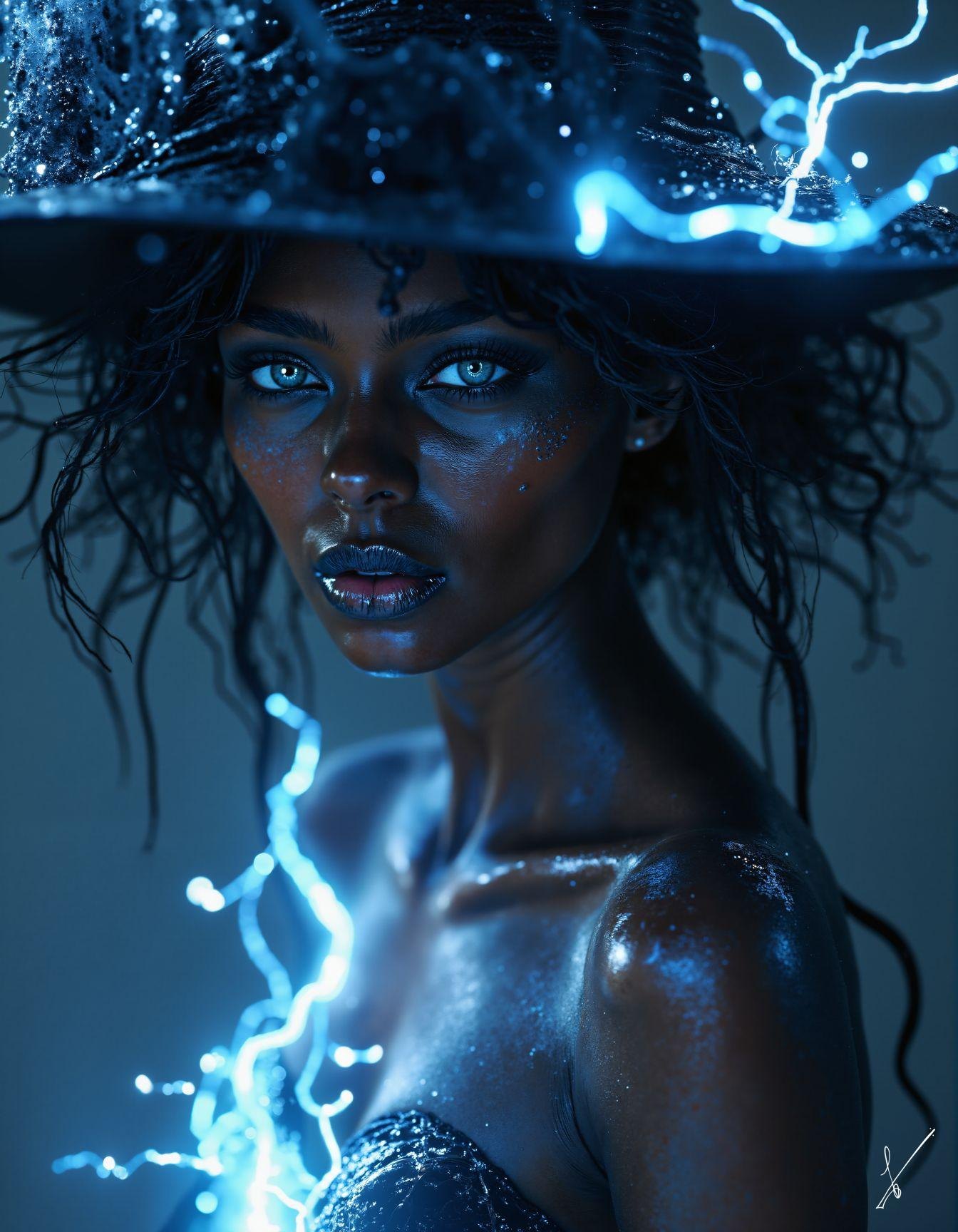 Portrait of a woman with glowing blue lightning near her hat and shoulder in a fantasy setting.