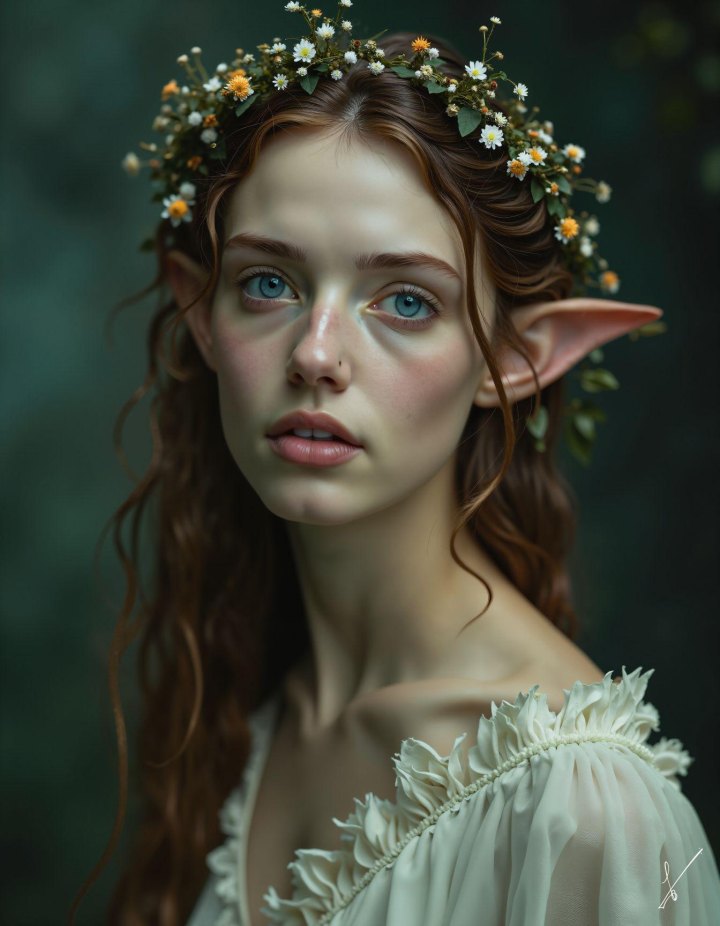 Portrait of elf woman with flower crown and ruffled dress