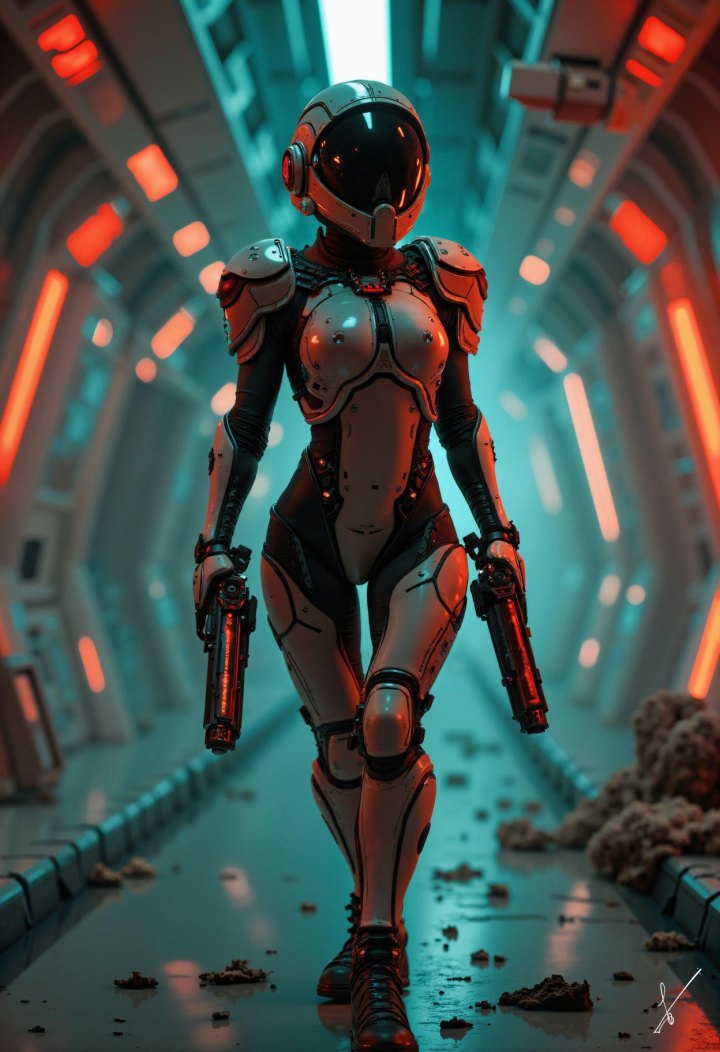 Cyborg warrior in white armor walks through a neon-lit sci-fi corridor with debris on the floor.