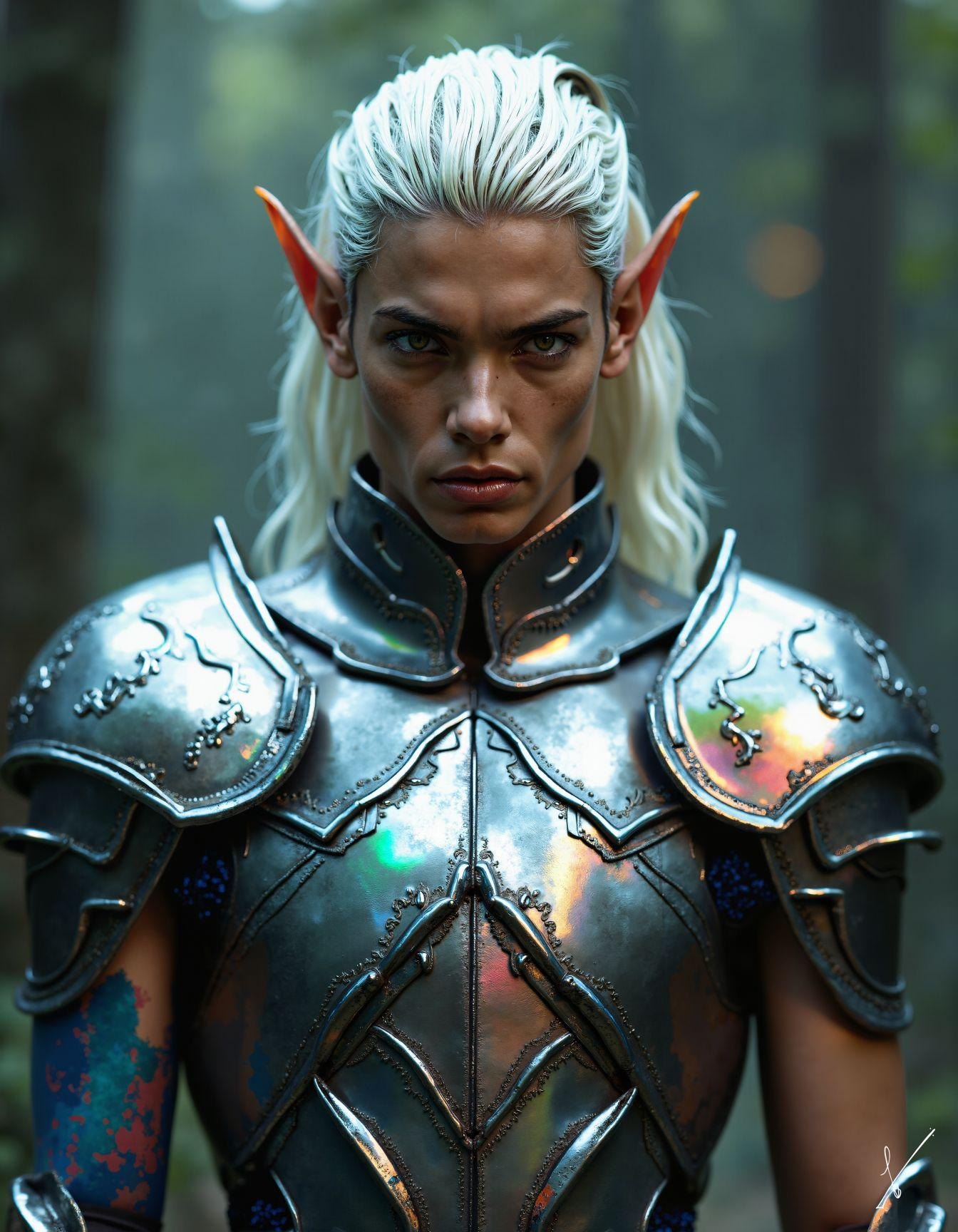 Portrait of an elf warrior in ornate armor standing in a forest.
