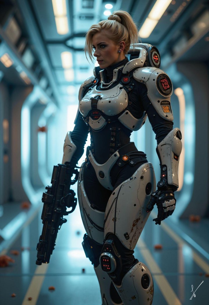 Blonde woman in white and black cybernetic armor holding a gun in a futuristic corridor.